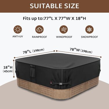 Водонепроникний чохол для гідромасажного jacuzzi/SPA iBirdie, квадратний 198x198 см, міцний захисний покрив 600D для зовнішнього використання, чорний