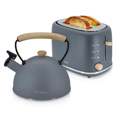 Тостер Briebe Nordic Set 2-слотовий з широкими прорізами, підставка для булочок, 6 рівнів підсмажування + Електричний чайник індукційний 2.3л, нержавіюча сталь, без BPA, Набір для сніданку в скандинавському дизайні (Сірий)