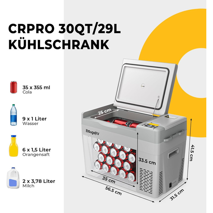 Автохолодильник BougeRV CRPRO Kompressor 29L: -22°C~10°C, 12/24V DC, 110-240V AC, для автомобіля, кемпінгу, подорожей (Оновлена версія)