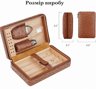 Портативний дорожній хумідор PIPITA, елегантний шкіряний хумідор для сигар з кедровою підкладкою для 4 сигар із зволожувачем повітря, запальничкою та різаком для сигар