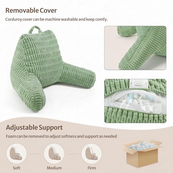 Подушка для читання Blissful Diary з піною Memory Foam для спини, для дорослих та дітей, для ліжка та дивана, з підлокітниками, кишенями, знімним чохлом, колір шавлії