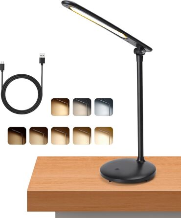 LED настільна лампа Aigostar для дітей, диммована, 3 режими, 5 рівнів яскравості, гнучка, складана, з USB-кабелем 100 см, сенсорне керування, чорна