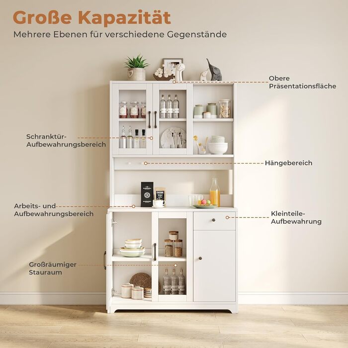 Кухонна шафа-буфет Dripex 181 см з робочою поверхнею, біла: висока шафа для продуктів з 5 дверцятами та шухлядою, індустріальний стиль для кухні, вітальні та їдальні
