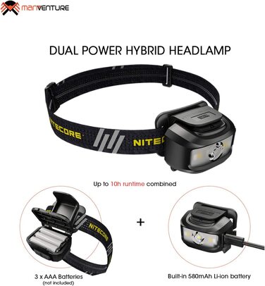 Лобовий ліхтар Nitecore NU35, 460 люмен, гібридний, акумуляторний, LED, червоне світло, IP66, чорний