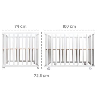 Дитячий манеж roba складаний, білий, дерево, з матрацом Little Stars, 74x100 см, компактний, на колесах