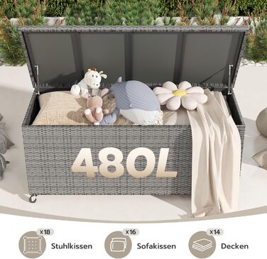 Скриня для подушок садових Polyrattan Amopatio 480л, водонепроникна, з роликами та газліфтом, сіра