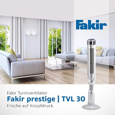 Турмовентилятор Fakir Prestige TVL 30 з пультом, 3 режими, 8 швидкостей, 360° осциляція, таймер, LED-дисплей, 40 Вт, сріблястий, тихий