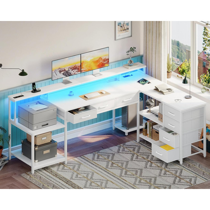 Ігровий кутовий стіл Coleshome з RGB підсвіткою, 7 ящиків, 179.5x135.5 см - білий