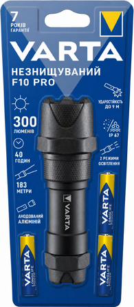 Ліхтарик VARTA Indestructible F10 Pro LED 6 Вт з 3 батарейками AAA, водо- та пилозахищений, ударостійкий, робочий ліхтар з двома режимами освітлення