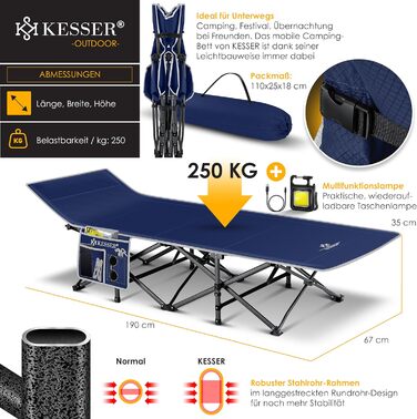 Складане польове ліжко KESSER для кемпінгу, 190 см, навантаження до 250 кг, металевий каркас, тканина Oxford 600D, з сумкою, ліхтарем і бічною кишенею, зручне, синє