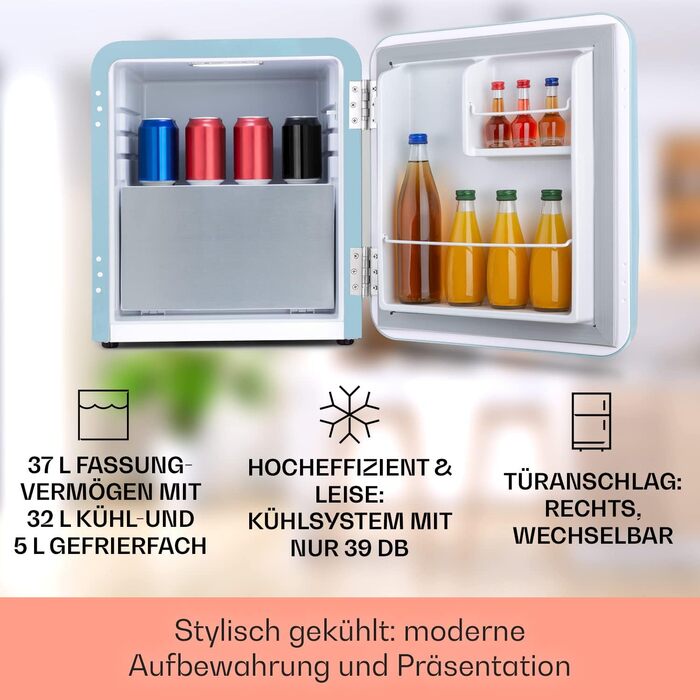 Klarstein Mini-холодильник з морозильною камерою, 32/37 л, для напоїв та косметики, ретро-дизайн, тихий, для кімнати, 2-в-1, енергоклас E, пастельно-блакитний