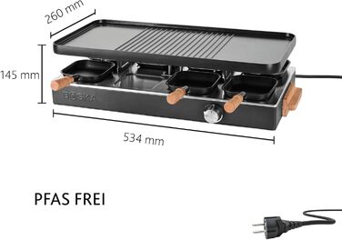 Рашетт BOSKA Raclette Gourmet Party на 8 осіб – гриль з керамічною поверхнею, ручки з бука, поворотна алюмінієва пластина, чорний колір