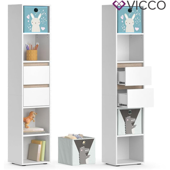Дитячий стелаж Vicco Robert білий/сонома 36,2x171 см з кольоровими та сірими коробами для зберігання