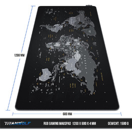 Килимок для миші TITANWOLF XXXL RGB з підсвічуванням LED, 1200 x 600 мм – для геймінгу, з гумовою основою, карта світу