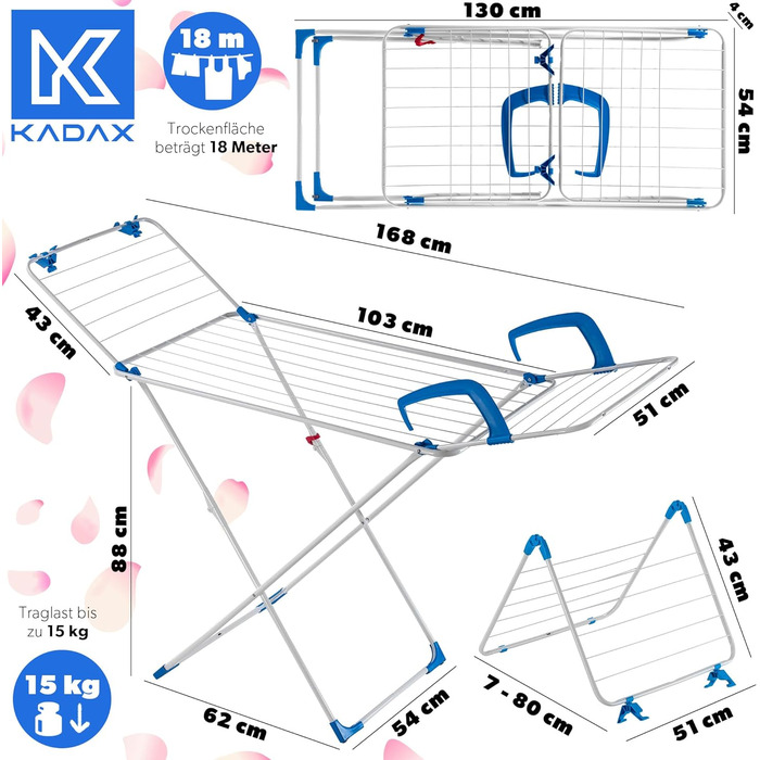 Сушарка для білизни KADAX 3-в-1 з колесами, для батареї та ванни, розкладна, 18 м, чорна