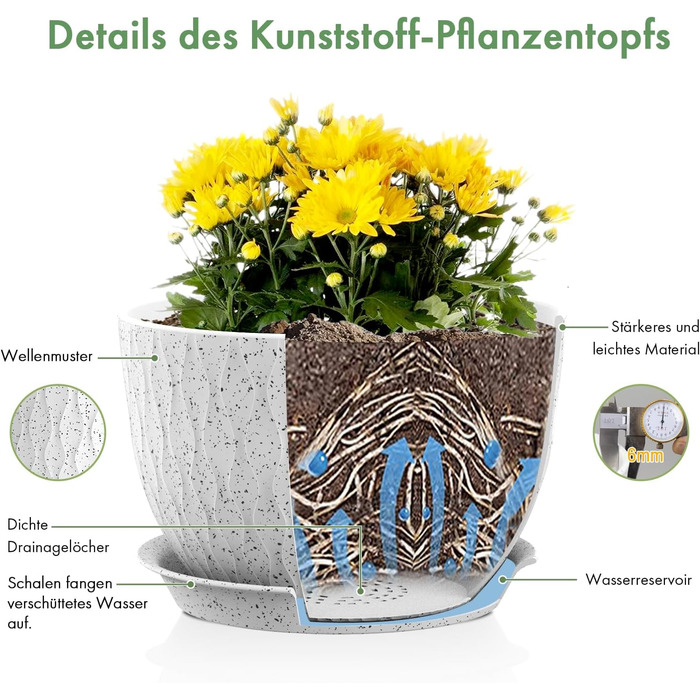 Набір горщиків для квітів з системою поливу (3 шт.), 20.3/17.8/15.2 см, горщики для рослин з піддоном, для дому та балкона, білі з чорними крапками