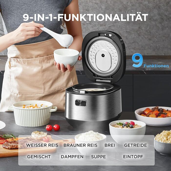 Мультиварка Midea Reiskocher 5 л: рис, суп, тушкування, повільне приготування, 11 програм, таймер, аксесуари, чорний/срібний