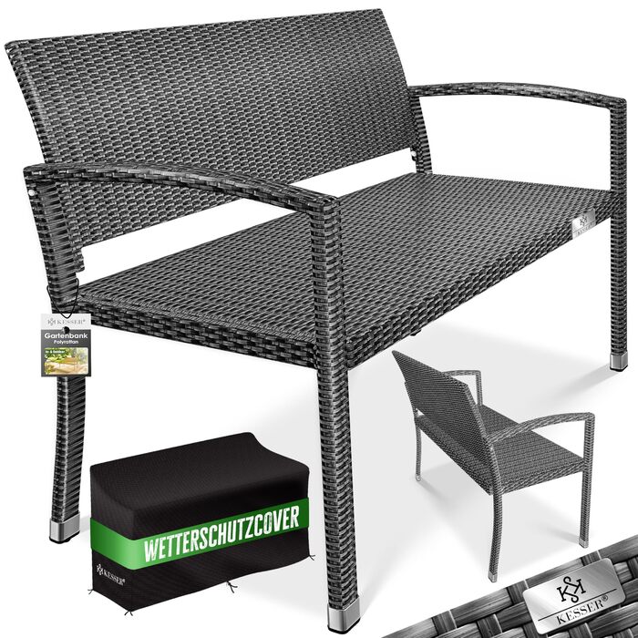 Садовий диван KESSER® з ротангу на 2 особи, вологостійкий, 125x62x90 см | Знімний чохол, ергономічні підлокітники, до 320 кг, антрацит