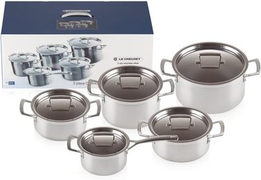 Набір каструль Le Creuset з 3-шарової нержавіючої сталі, 5 предметів, з кришками, для всіх типів плит, включаючи індукцію, сріблястий