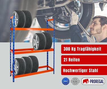 Стелаж для шин PROREGAL Tiger XL: 200x180x45 см, 300 кг навантаження, до 21 шини (205/55 R16), блакитно-помаранчевий, для майстерні, складу, підвалу