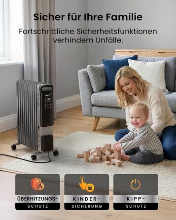 Розумний електричний масляний радіатор Pro Breeze 2500Вт, 11 секцій, з керуванням через Wi-Fi (Smart App), термостатом, таймером на 24г та сенсорним дисплеєм, сріблястий