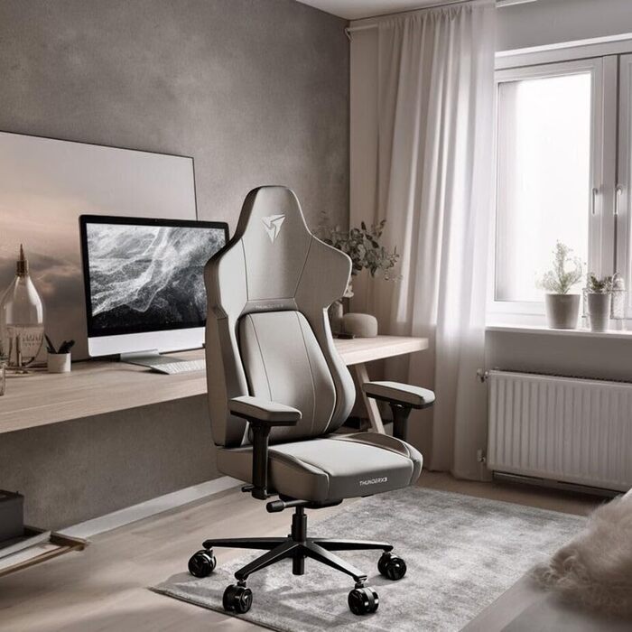 Ігрове крісло ThunderX3 CORE Loft, ергономічне, тканинне, світло-сіре, з підставкою для ніг, підтримкою попереку та меморі-подушкою