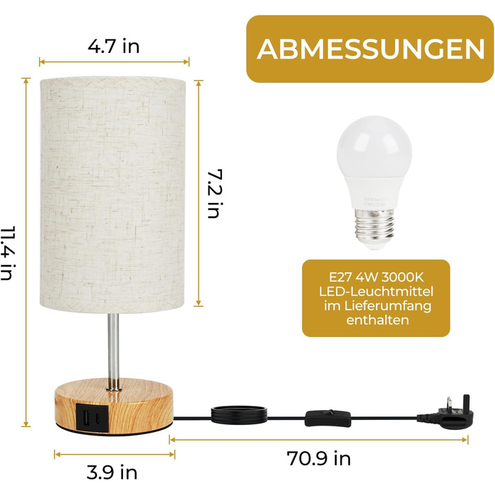 Настільна лампа Suright з сенсорним димером, USB A+C, набір 2 шт, лляний абажур, дерев'яна основа, LED-лампочка, для спальні та вітальні