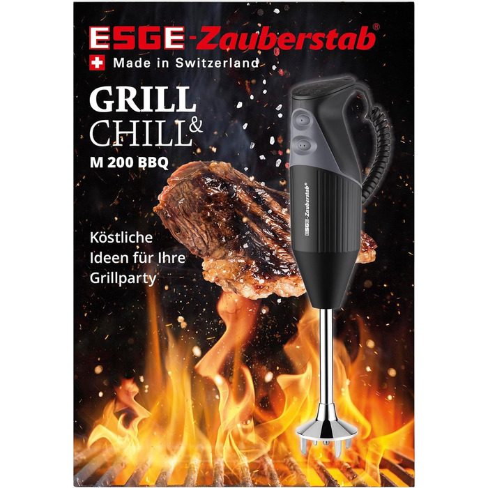 ESGE Zauberstab M 200 BBQ 98215 — професійний ручний блендер-пюратор, чорний, 200 Вт, до 17 000 об/хв, ергономічна ручка, Twinschalter, AC-мотор, комплект насадок