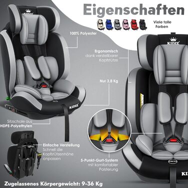 Дитяче автокрісло KIDIZ з Isofix, група 1/2/3, 9-36 кг, регульований підголівник, 5-точковий ремінь, сіре, для дітей 1-12 років