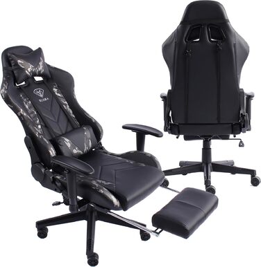 Ігрове крісло Gaming Chair з підніжкою, ергономічними 4D-підлокітниками та регульованою підтримкою спини, офісне крісло для геймерів (Чорний/Мілітарі-сірий)