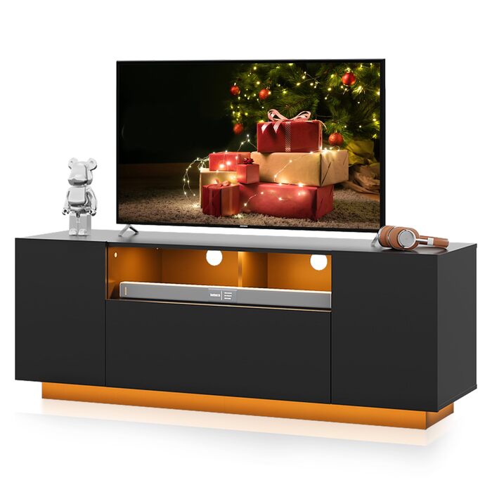 Тумба під телевізор WLIVE Schwarz 122x36x45 см, чорна глянцева з LED-підсвіткою та шафами