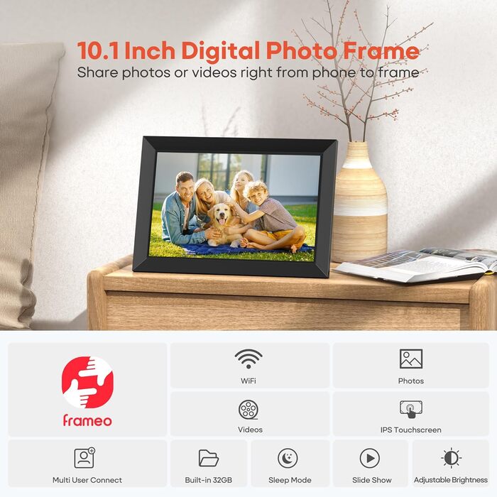 Цифровий фоторамка Frameo 10.1 дюйма WiFi, IPS сенсорний екран, 32GB, автоматичне обертання, для стін, миттєва відправка фотографій