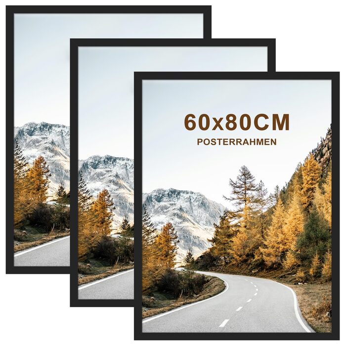 Набір фоторамок 3 шт. 70x50 см, дерев'яні рамки для фото, картин, постерів (чорні, 60x80 см)