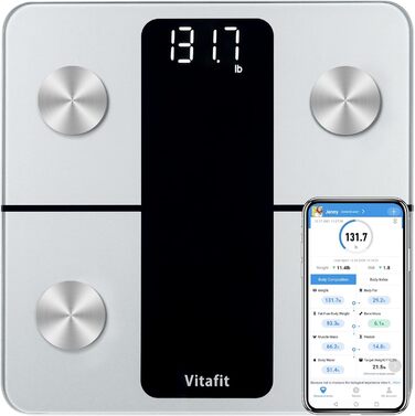 Ваги для аналізу складу тіла Vitafit з Bluetooth і додатком, вимірювання жиру, м'язової маси, ІМТ, білка, BMR, срібні