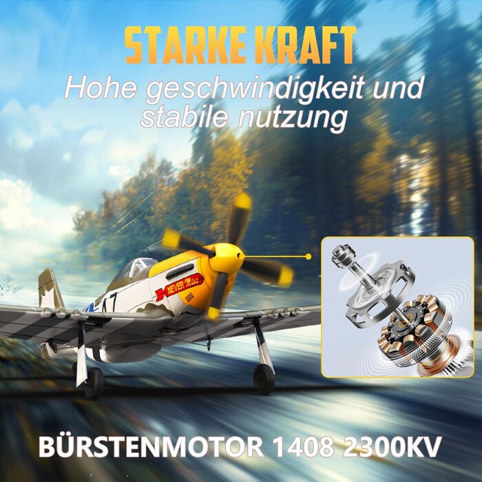 RC літак HAWK'S WORK P-51D Mustang 2.4GHz - Готовий до польоту, 6-осьовий гіростабілізатор, для дітей та початківців (зелений, безщітковий)