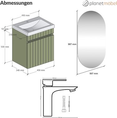 Planetmöbel Cosmia: Набір меблів для ванної кімнати з тумбою та раковиною 50x60x35 см, антрацит. Керамічна раковина з дверцятами (раковина м'ятного кольору з ящиком, дзеркало, золотий змішувач).