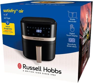 Аерофритюрниця Russell Hobbs SatisFry 4,3 л, 9 програм, Rapid AirFryer, без масла, сенсорне керування, компактна, гриль, випікання, до 200°C, модель 27610-56