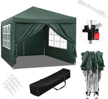Павільйон WOLTU Pop-Up 3x3 м, водонепроникний, складний, із боковинами, для саду, тераси, кемпінгу, фестивалів, оксфордська тканина, металевий каркас, зелений