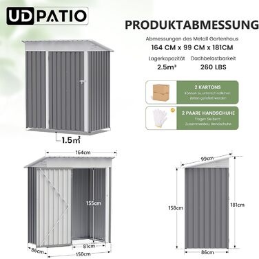 Металевий садовий будиночок UDPATIO 4 м³ (228x121x181 см) - для двору, інструментів, велосипедів. Оцинкована сталь, замок, світло-сірий