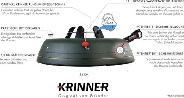 Підставка для ялинки KRINNER Ultra Grip XXL з механізмом Einseiltechnik, педаллю та замком-дзвоном, об'єм 11 л, висота ялинки до 4 м, Made in Germany, зелений матовий колір