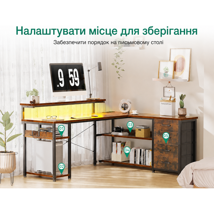 Кутовий письмовий стіл ODK з шухлядами, LED-підсвіткою, розетками та USB,  вінтажно- коричневий 155×110 см, для домашнього офісу