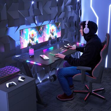 Ігровий стіл JUMMICO з RGB LED-підсвіткою, комп'ютерний стіл для геймерів та Home-office з тримачем для навушників та підстаканником, чорний (140 x 60 см)