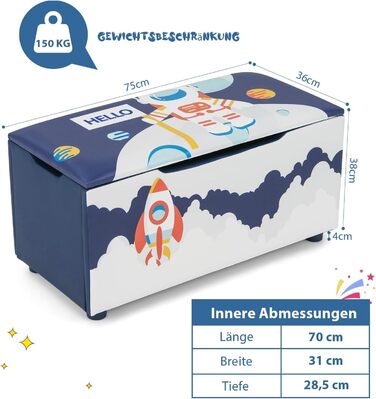 Дитяча іграшкова скриня COSTWAY, м'яка коробка для зберігання знімною кришкою, універсальна лавка з малюнком ракет і планет, для вітальні, дитячої кімнати, садочка (синя)