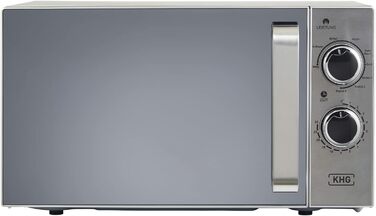 Мікрохвильова піч KHG MW-20.1GSS з грилем 20 л, металева, срібляста, 1200 Вт, 5 режимів потужності, 3 комбіновані, з дзеркальними дверцятами, решіткою, тарілкою та функцією розморожування