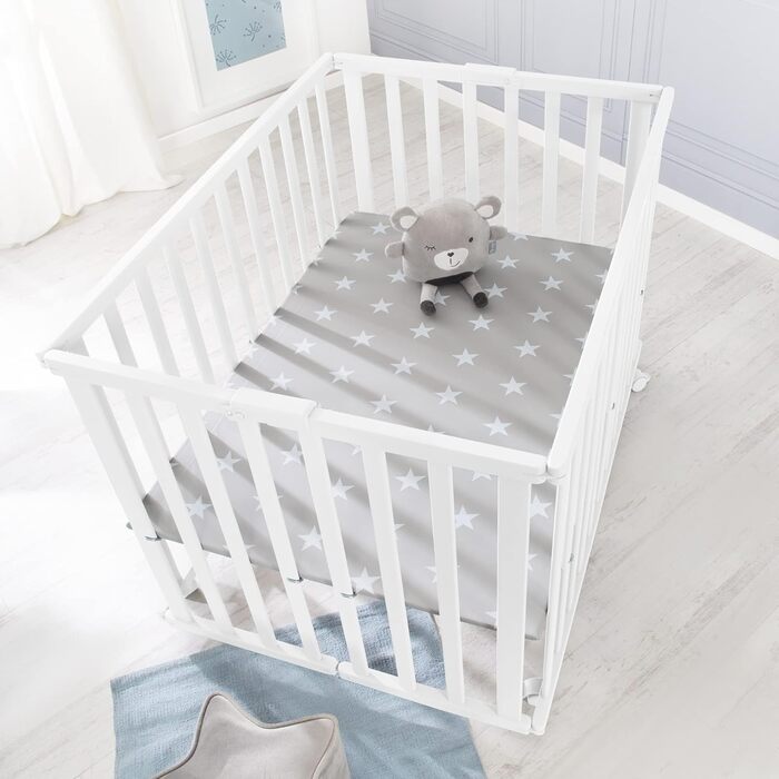 Дитячий манеж roba складаний, білий, дерево, з матрацом Little Stars, 74x100 см, компактний, на колесах