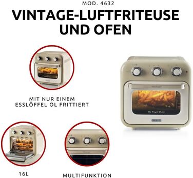 Аерофритюрниця та духовка 2-в-1 Ariete Vintage 4632, 16 л, з вертелом та кошиками з нержавіючої сталі, до 230°C, таймер 60 хв, 1400 Вт, бежевий