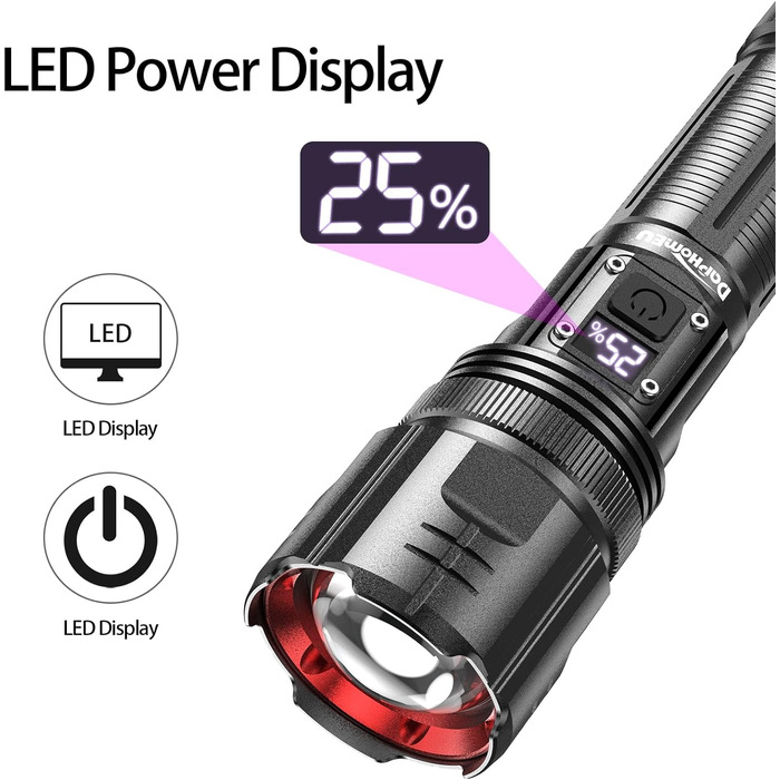 Ліхтарик daphomeu LED, акумуляторний, 500000 люмен, надяскравий, тактичний, зум, водонепроникний, 5 режимів, для кемпінгу, туризму, екстрених ситуацій (1 шт.)