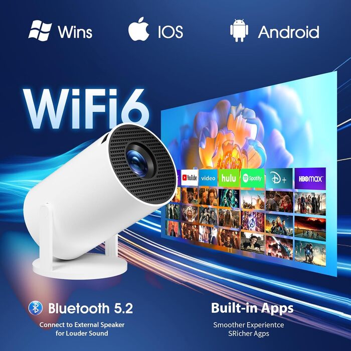 Смарт-проектор Mini Beamer 4K Full HD 1080P з WiFi 6 та Bluetooth 5.2, автокоррекция Keystone, поворот на 180°, підтримка HDMI/TV Stick/USB, білий