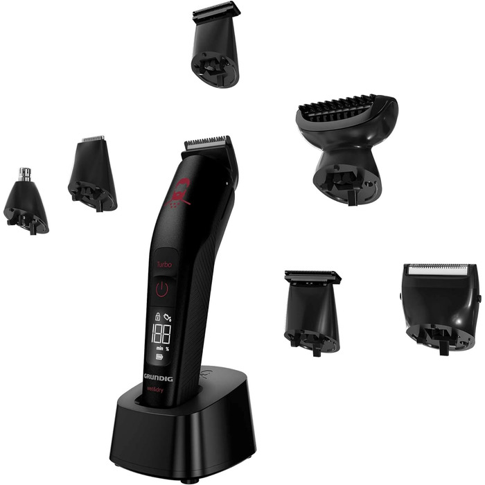 Машинка для стрижки GRUNDIG MGK 9030 ProClub, сенсор для бороди, вологе та сухе використання, літій-іонний акумулятор, титанове лезо, чорний/червоний