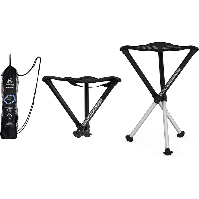 Складаний триногий стілець-табурет Walkstool Comfort з алюмінію, висота сидіння 55 см, до 250 кг, чорно-сірий
